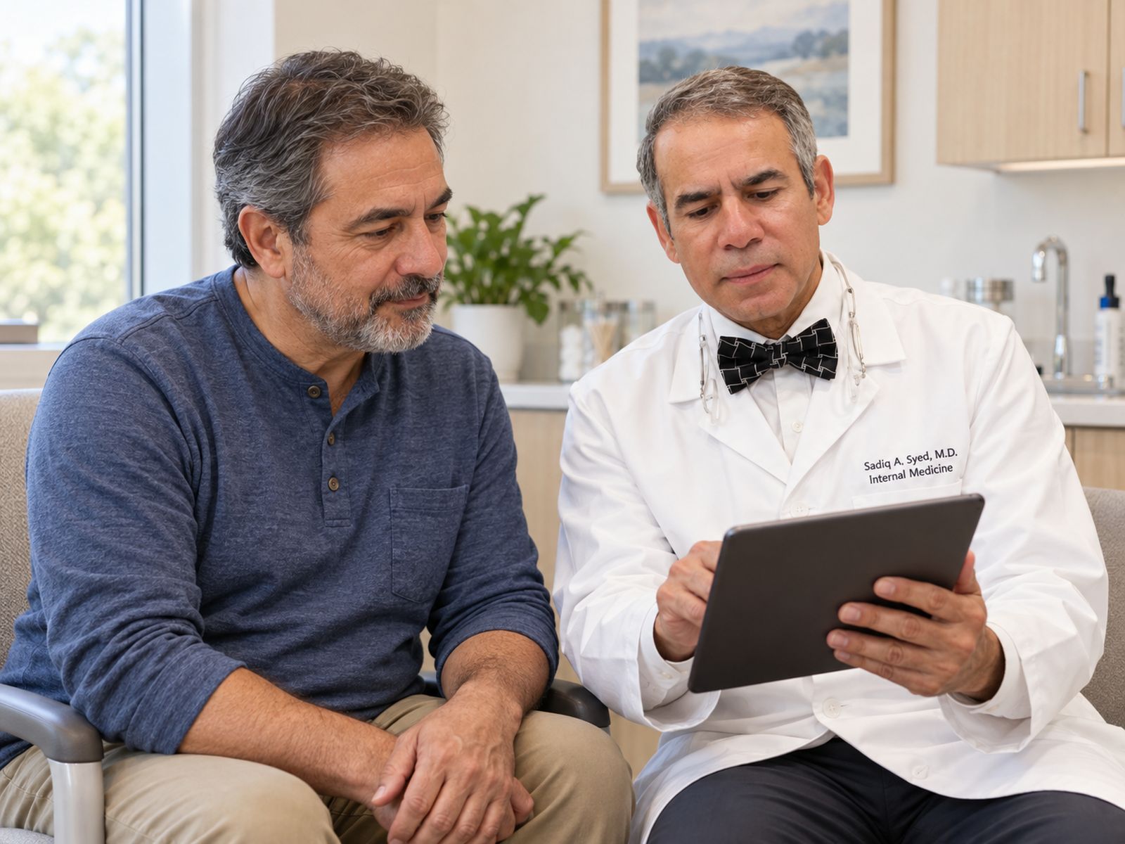 A patient reviewing results with a doctor