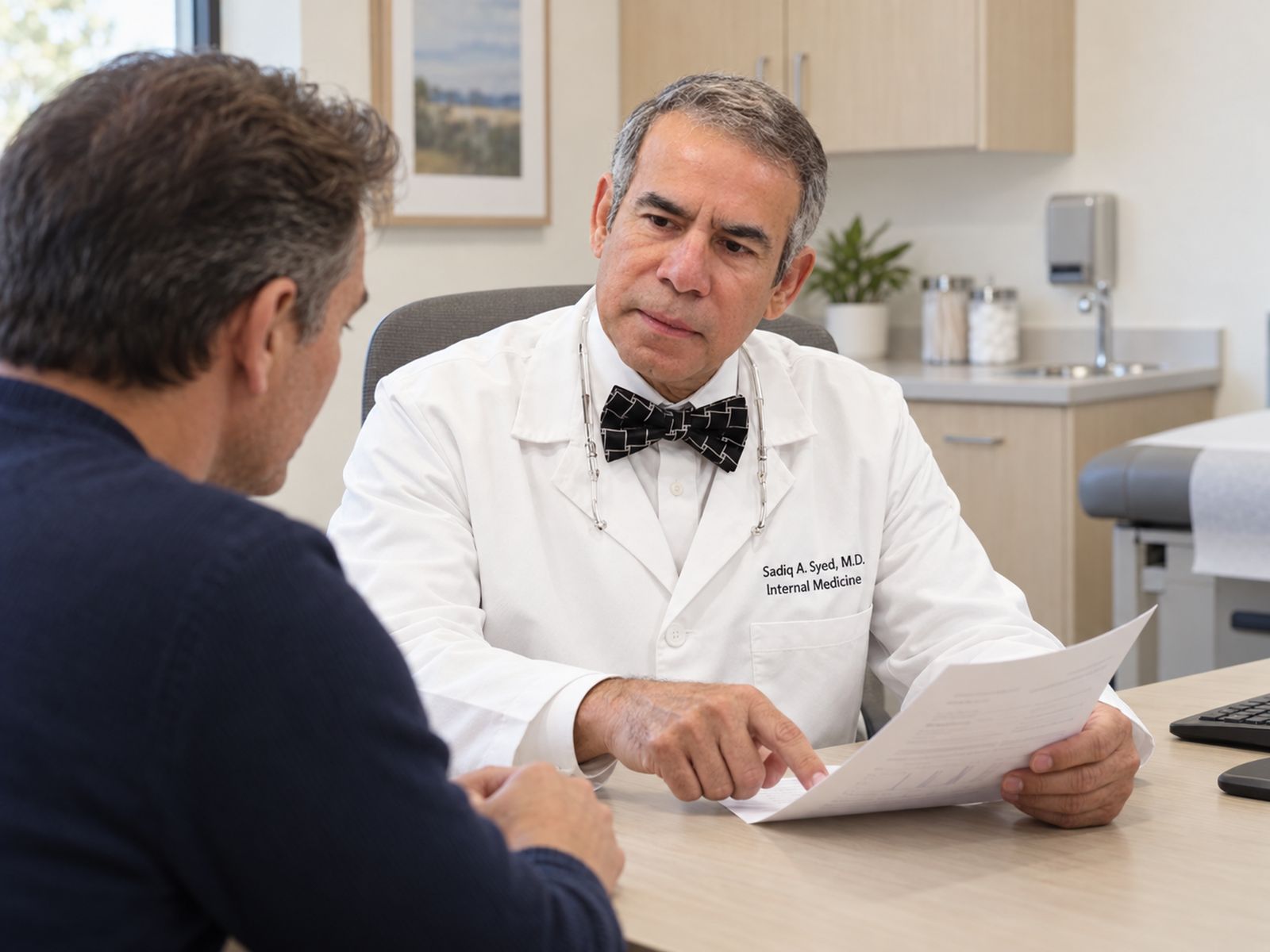 A clinician explaining a result