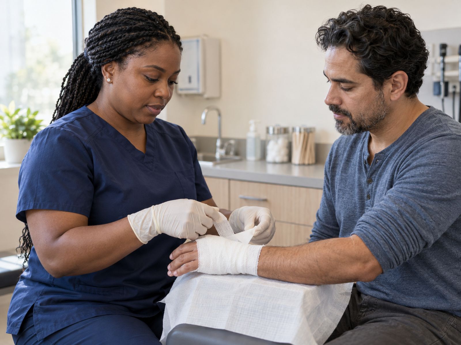 A nurse dressing a patient's hand